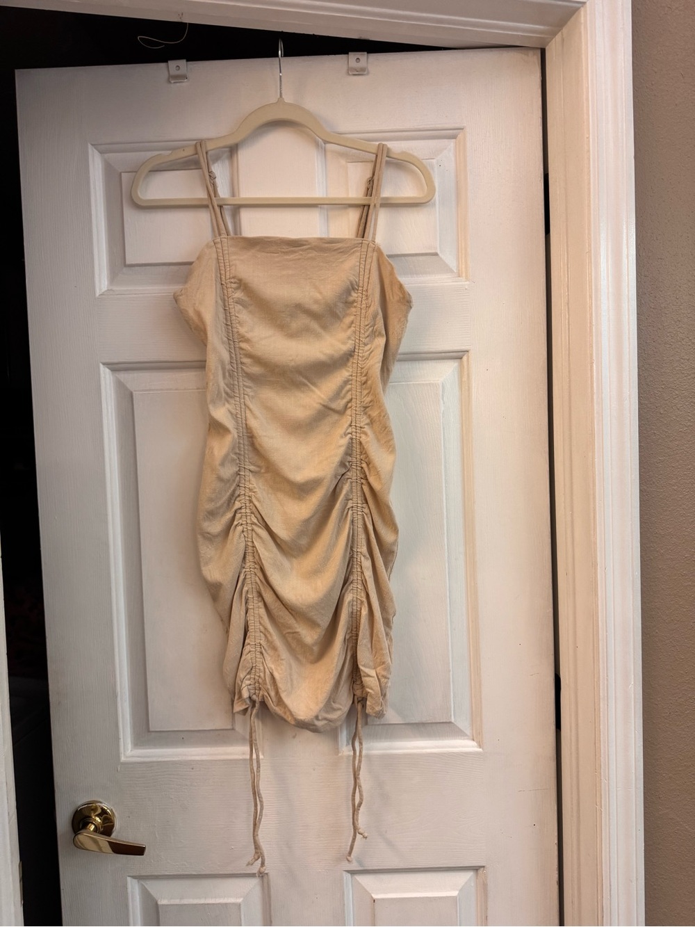 wild fable Beige Ruched Spaghetti-Strap Mini Dress